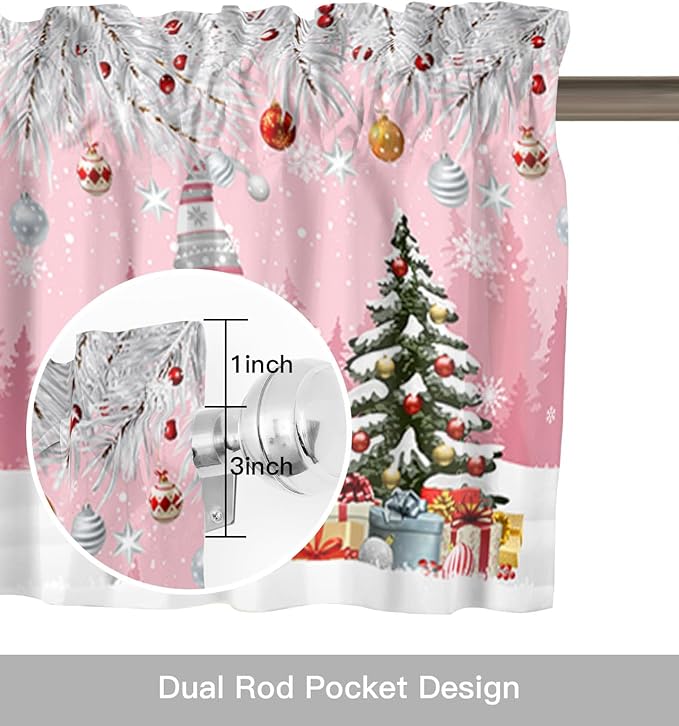 Christmas Gnome Valance Curtains for Kitchen Windows Winter Merry Christmas Tree Balls Rod Pocket Window Treatment Toppers for Kitchen/Living Room/Bedroom/Bathroom, 42" X 12", Pink