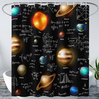 AILONEN Solar System Shower Curtain,Math Galaxy Planet Bath Curtain for Bathroom Decor,Polyester Waterproof with 12 Plastic Hooks 48" W*72" H