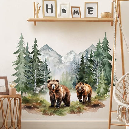 Vibrant Watercolor Bear Forest Wall Decals - Set of 2 Large Sheets (30x90cm) - Perfect for Nursery, Kids Room Decor - Easy Peel & Stick Removable Art