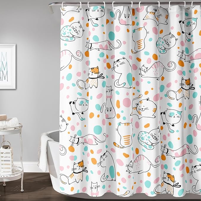 AILONEN Cat Shower Curtain,Cute Cat Bath Curtain,Pet Cat Kitten Bathroom Curtain Decor,Cartoon Animal Polyester Waterproof 36" W*72" H Shower Curtain for Boys Girls Hooks