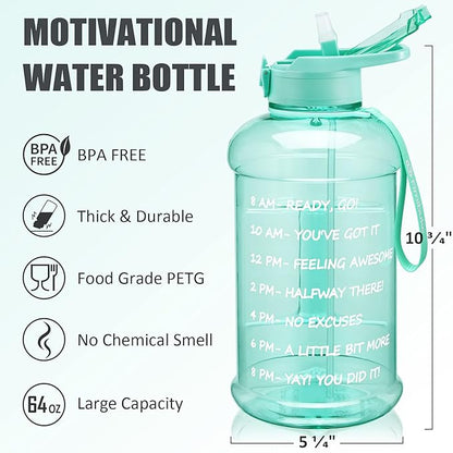 Fimibuke Half Gallon Water Bottle with Sleeve 64 OZ Water Bottle with Handle & Straw Leakproof Motivational Sports Gym Water Bottle with Time Marker BPA Free Water Jug with Reusable Neoprene Holder