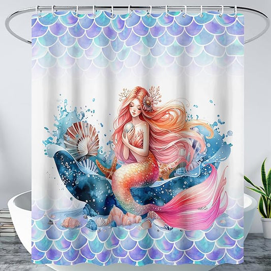 AILONEN Mermaid Shower Curtain,Watercolor Whale and Mermaid Bath Curtain,Beautiful Mermaid Princess Shower Curtain Ocean Fish Scale Print Curtain Waterproof with 12 Plastic Hooks, 60" W*72" H