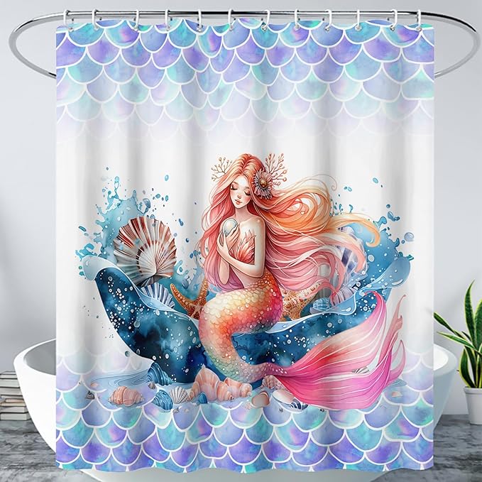 AILONEN Mermaid Shower Curtain,Watercolor Whale and Mermaid Bath Curtain,Beautiful Mermaid Princess Shower Curtain Ocean Fish Scale Print Curtain Waterproof with 12 Plastic Hooks, 72" W*78" H