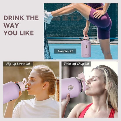 64 oz Insulated Water Bottle with Straw and Handle, Double Walled Vaccum Stainless Steel Half Gallon Water Bottle for Women, 3 Lids, Metal Canteen, Gym & Outdoors Water Jug