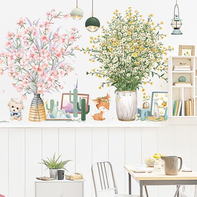 Pink Flowers Potted Plants Wall Decals 3D Simulation Green Plants Wall Stickers Removable Vinyl Peel and Stick for Living Room Bedroom Kitchen Playroom Sofa TV Background Art Decorations