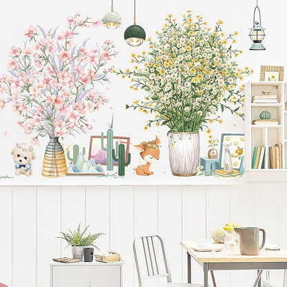 Pink Flowers Potted Plants Wall Decals 3D Simulation Green Plants Wall Stickers Removable Vinyl Peel and Stick for Living Room Bedroom Kitchen Playroom Sofa TV Background Art Decorations