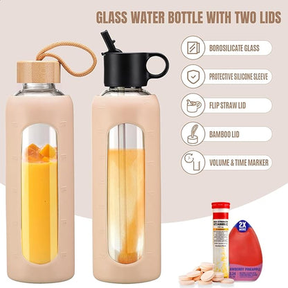 24oz Glass Water Bottle With 2 Lids-Flip Straw Lid, Bamboo Lid, Glass Water Bottle With Silicone Sleeve, Motivational Time Marker, Glass Juice Bottle for Cold Drink,Amber