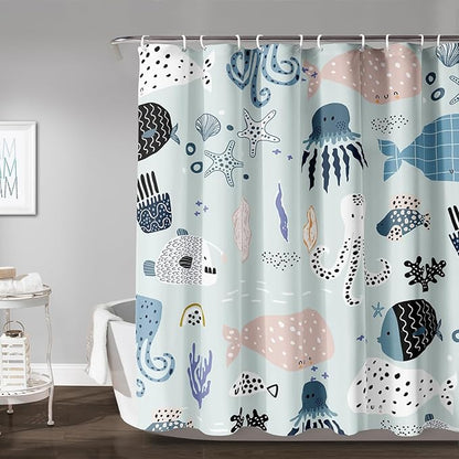 AILONEN Cartoon Ocean Life Shower Curtain for Kids 48" W*72" H Inch,Kawaii Fish Whales Octopuses Pattern Shower Curtain,Ocean Life Theme 12 Pack Hooks Polyester Waterproof Fabric Decor for Bathroom