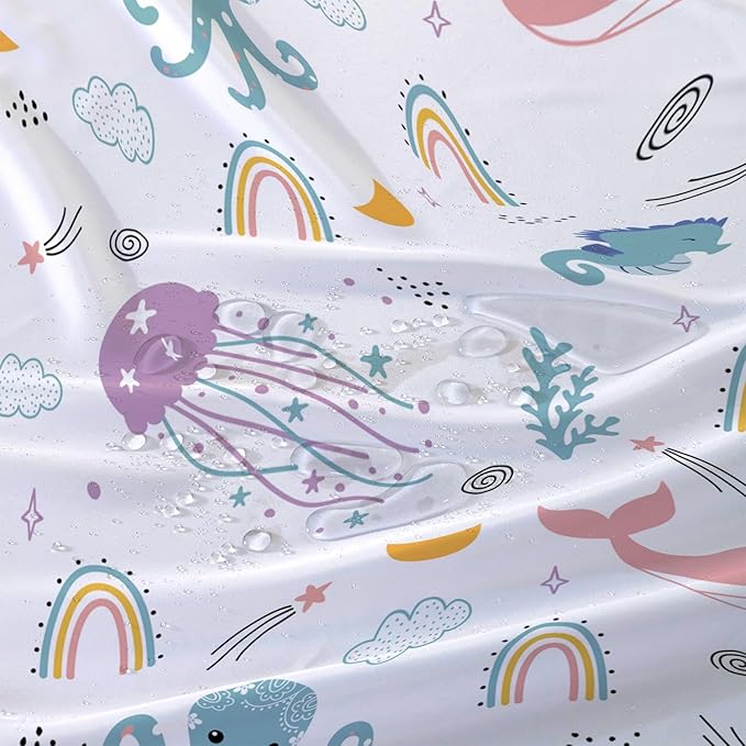 AILONEN Cartoon Dolphin Shower Curtain for Kids 48" W*72" H Inch,Cute Seahorse Rainbow Octopuses Shower Curtain,Ocean Life Theme 12 Pack Hooks Polyester Waterproof Fabric Decor for Bathroom