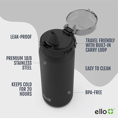 Ello Cooper 18oz Kids Stainless Steel Water Bottle Vacuum Insulated with Straw and Carry Handle, Leak Proof Locking Lid with Soft Silicone Spout, Fits Car Cupholder, Dishwasher Safe, Acorn Squash