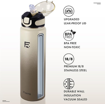 32 oz Insulated Water Bottle with Straw, Stainless Steel Metal Thermos Bottles, Durable Non-Slip Gradient Bottle with Strap for Sports and Travel, Leak Proof (White Gray)