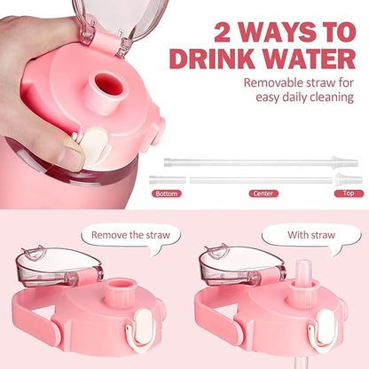 kytffu 56oz Glass Water Bottles with Straw, Motivational Glass Bottle with Silicone Sleeve and Time Marker, Leakproof Large Glass Water Jug for Gym Home Office,Pink