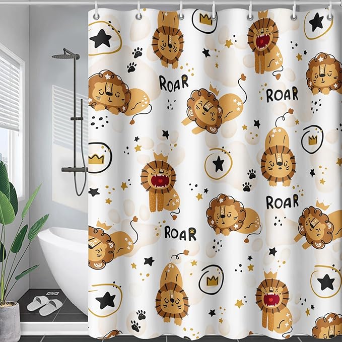 AILONEN Cute Lion Shower Curtain for Bathroom, Children Kwwaii Animal Bathroom Curtain Decor,Printed Bath Curtain for Boys Girls 72" W*84" H Polyester Waterproof Bathroom Curtain with 12 Hooks
