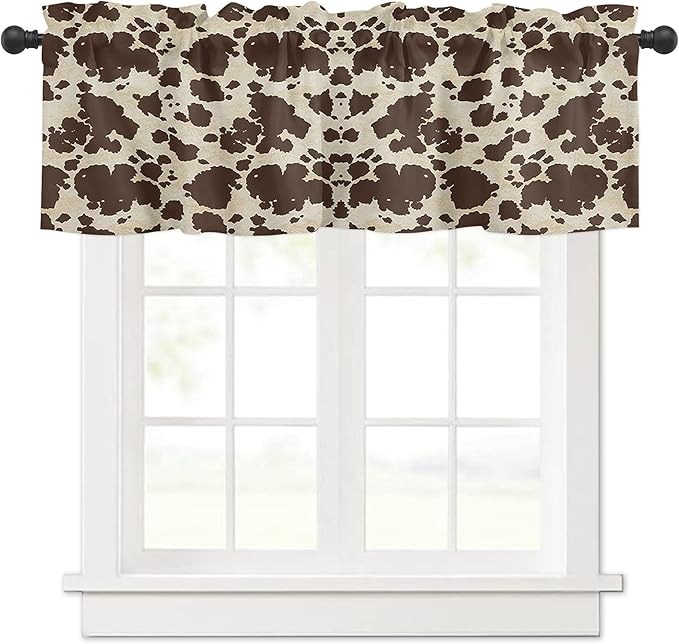 Cow Print Farmhouse Valances Kitchen Curtains for Window, Brown Graffie Print Rod Pocket Valances Beige Short Country Curtains for Bedroom Decor,54" X 18" -1 Panel