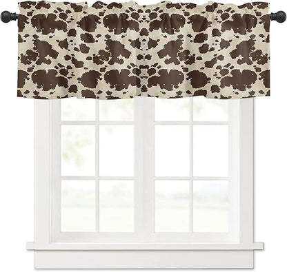 Cow Print Farmhouse Valances Kitchen Curtains for Window, Brown Graffie Print Rod Pocket Valances Beige Short Country Curtains for Bedroom Decor,54" X 18" -1 Panel
