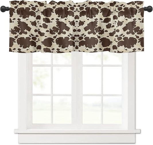 Cow Print Farmhouse Valances Kitchen Curtains for Window, Brown Graffie Print Rod Pocket Valances Beige Short Country Curtains for Bedroom Decor,54" X 18" -1 Panel