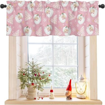 Pink Christmas Valance Curtains for Kitchen Windows Santa Claus Merry Christmas Tree Rod Pocket Window Treatment Toppers for Kitchen/Living Room/Bedroom/Bathroom, 54" X 18", Winter Snowflake