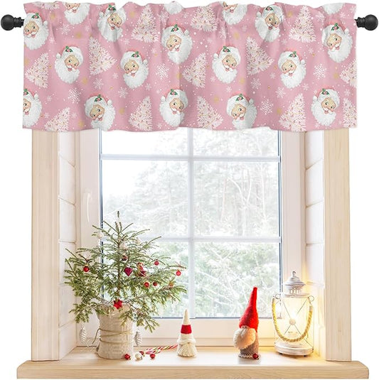 Pink Christmas Valance Curtains for Kitchen Windows Santa Claus Merry Christmas Tree Rod Pocket Window Treatment Toppers for Kitchen/Living Room/Bedroom/Bathroom, 54" X 18", Winter Snowflake