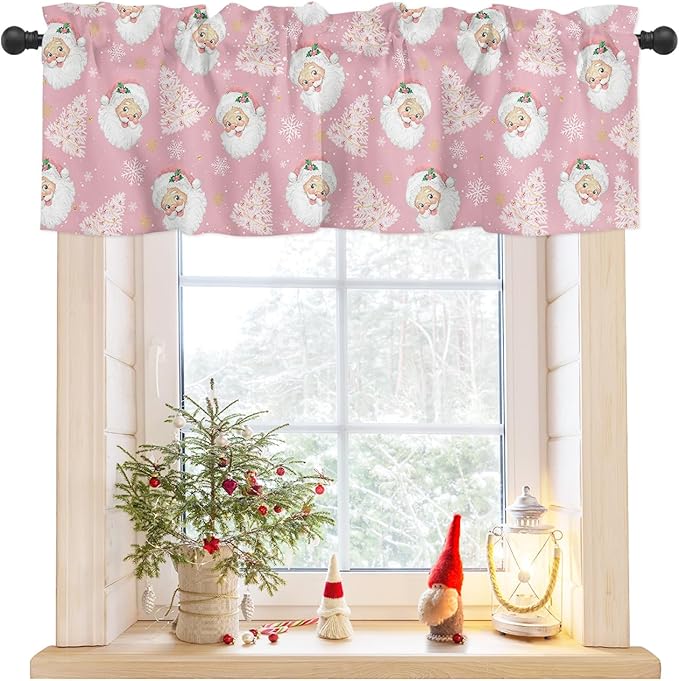 Pink Christmas Valance Curtains for Kitchen Windows Santa Claus Merry Christmas Tree Rod Pocket Window Treatment Toppers for Kitchen/Living Room/Bedroom/Bathroom, 42" X 18", Winter Snowflake