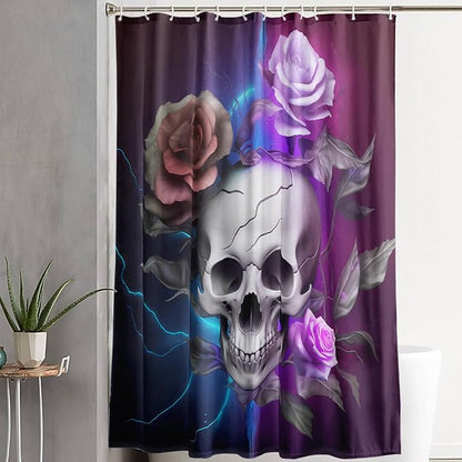 AILONEN 3D Skull Shower Curtain,Purple Rose with Skeleton Design Shower Curtain Set with Hooks for Boys Girls Teens,Gothic Skull with Light Waterproof Fabric Shower Curtain for Bathroom,60" W*72" H