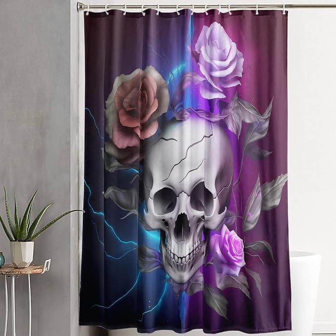 AILONEN 3D Skull Shower Curtain,Purple Rose with Skeleton Design Shower Curtain Set with Hooks for Boys Girls Teens,Gothic Skull with Light Waterproof Fabric Shower Curtain for Bathroom,72" W*84" H