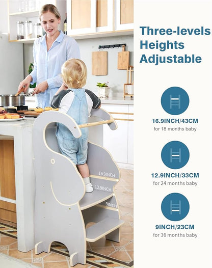 PP OPOUNT Toddler Kitchen Stool, 3-Level Adjustable Toddler Tower, Wood Step Stools for Kids with Safety Protective Net and Non-Slip Mat, Elephant Style, Solid Wood Gray