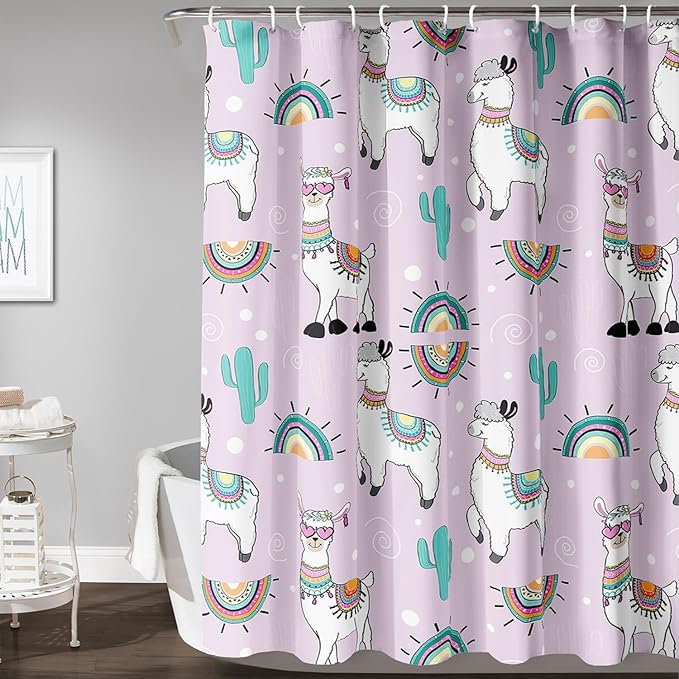 AILONEN Cool Llama Shower Curtain,Purple Desert Cactus Llama Bath Curtain,Polyester Water for Bathroom with 12 Plastic Hooks,72" W*84" H Purple