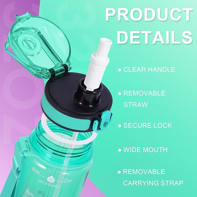 32 oz Water Bottle with Detachable Straw, Clear Motivational Water Bottles with Time to Drink, Tritan & BPA Free Sports Water Jug with Time Marker, Upgraded handle design