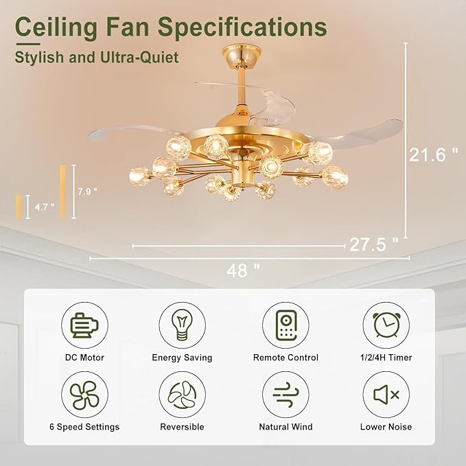 48" Chandelier Ceiling Fans with Lights: 15-Light Sputnik Crystal Ceiling Fan Chandelier - Modern Retractable Fandelier Ceiling Fan for Living Dining Room Bedroom - Gold Fandelier with Lights