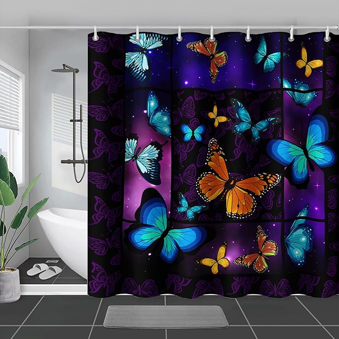 AILONEN Colorful Butterfly Shower Curtain,Animal Shower Curtain 72" W*78" H for Bathroom Decor,Mystic Purple Galaxy Butterfly Modern Shower Curtain Waterproof Bath Curtain with Grommets and 12 Hooks