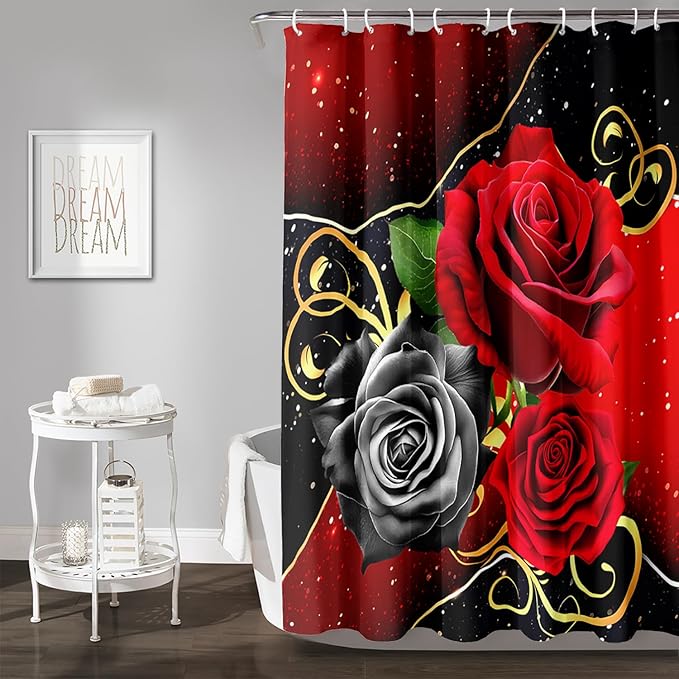 AILONEN Romantic Red Rose Flower Shower Curtain,Red and Black Floral Bath Curtain,Modern Flower Waterproof Curtain for Bathroom Decor, 72" W x 84" H