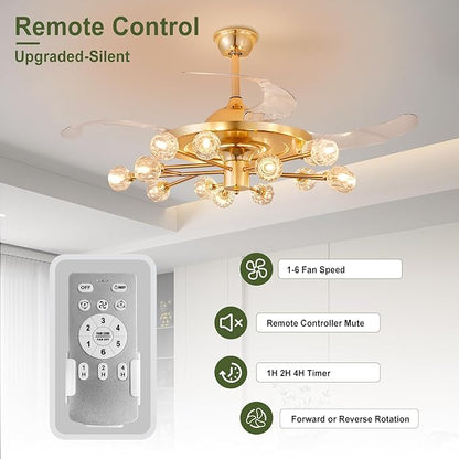 48" Chandelier Ceiling Fans with Lights: 15-Light Sputnik Crystal Ceiling Fan Chandelier - Modern Retractable Fandelier Ceiling Fan for Living Dining Room Bedroom - Gold Fandelier with Lights