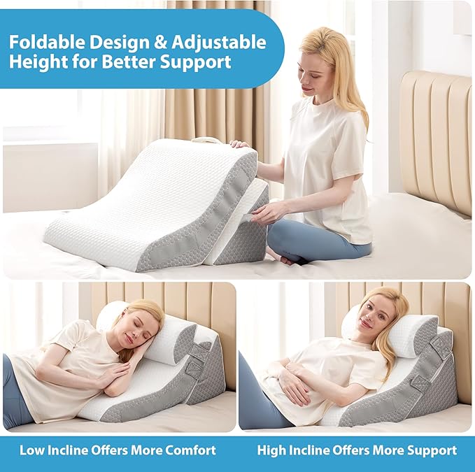 4pcs Orthopedic Bed Wedge Pillow Set, Memory Foam Post Surgery Pillow for Back, Leg Pain Relief, Adjustable Pillow Wedge for Sleeping, Bed Sitting up, Acid Reflux, GERD & Snoring, White/Grey