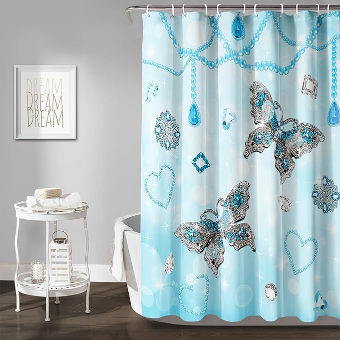 AILONEN Girls Butterfly Shower Curtain 48" W*72" H Blue Butterfly Women Teen Girls Bathroom Curtain,Metal Butterfly Pattern Curtain Polyester Waterproof Butterfly Bathroom Curtain with 12 Hooks