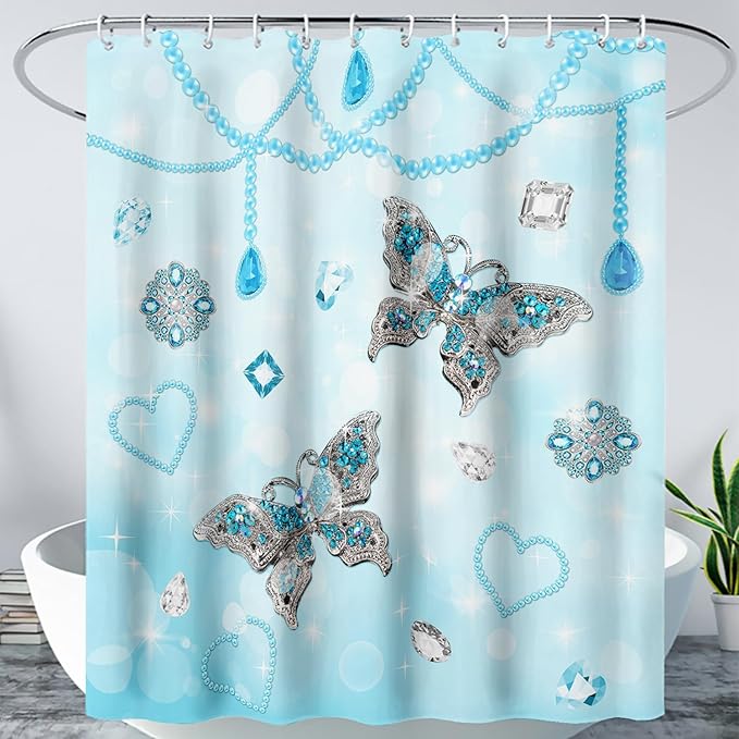 AILONEN Girls Butterfly Shower Curtain 72" W*96" H Blue Butterfly Women Teen Girls Bathroom Curtain,Metal Butterfly Pattern Curtain Polyester Waterproof Butterfly Bathroom Curtain with 12 Hooks
