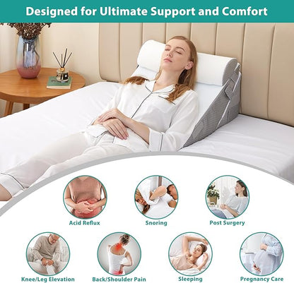 3Pcs Orthopedic Bed Wedge Pillow Set, Foam Wedge Pillow Post Surgery for Back, Leg and Knee Support, Adjustable 9&12 Inch Folding Triangle Pillow for Sleeping, Acid Reflux, Snoring, White/Grey