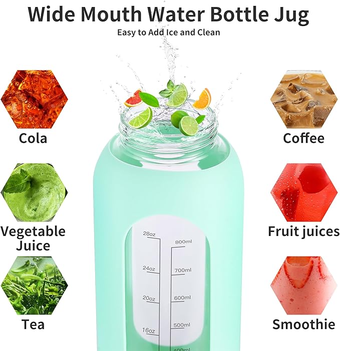 64 oz Glass Water Bottle With Straw and Handle, Half Gallon Sports Motivational Water Jug Flask with Silicone Sleeve, Large Water Cup with Time Marker for Travel, Gym, Sage