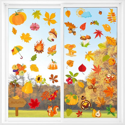 Fall Window Clings Autumn Maple Leaf Window Static Stickers Double-Sided Leaves Pumpkin Turkey Window Door Cling Removable Reusable Window Stickers Thanksgiving Party Window Door Decor