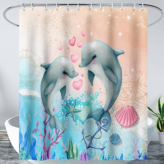 AILONEN Catrtoon Dolphin Shower Curtain Bathroom 72" W*72" H Kawaii Jumping Dolphin Curtain Cloth Fabric Bathroom for Kids Girls,Ocean Theme Shower Curtain Set