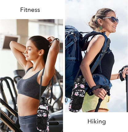 32 oz Water Bottle with Straw and Sleeve, Motivational Water Bottle with Time Marker and Adjustable Shoulder Strap, BPA Free Leakproof Sport Water Jug for Hiking, Gym