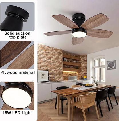30 inch Ceiling Fans with Lights and Remote,Flush Mount Black Ceiling Fan,Memory Fuction Reversible Quiet DC Motor Low Profile Ceiling Fans For Living Room Bedroom Indoor Outdoor(Black Walnut)