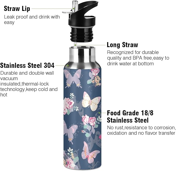 MNSRUU Insulated Water Bottle with Straw, Rainbow and Unicorns Stainless Steel Flasks for Sports Cycling Hiking School