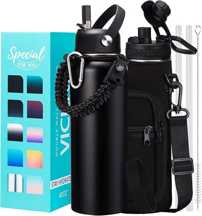 Water Bottle with Straw - 40 oz Stainless Steel Water Bottles, Big Water Jug Vacuum Insulated Waterbottle with Paracord Handle, Straw / Auto Spout Lid, Strap Sleeve, Metal Reusable Water Bottle Black