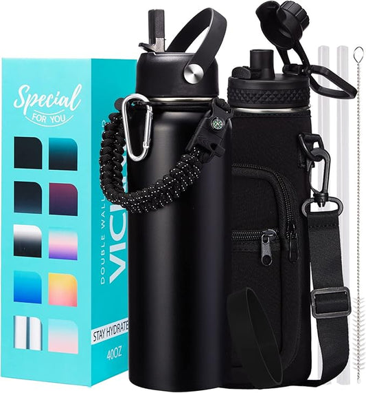 Water Bottle with Straw - 40 oz Stainless Steel Water Bottles, Big Water Jug Vacuum Insulated Waterbottle with Paracord Handle, Straw / Auto Spout Lid, Strap Sleeve, Metal Reusable Water Bottle Black