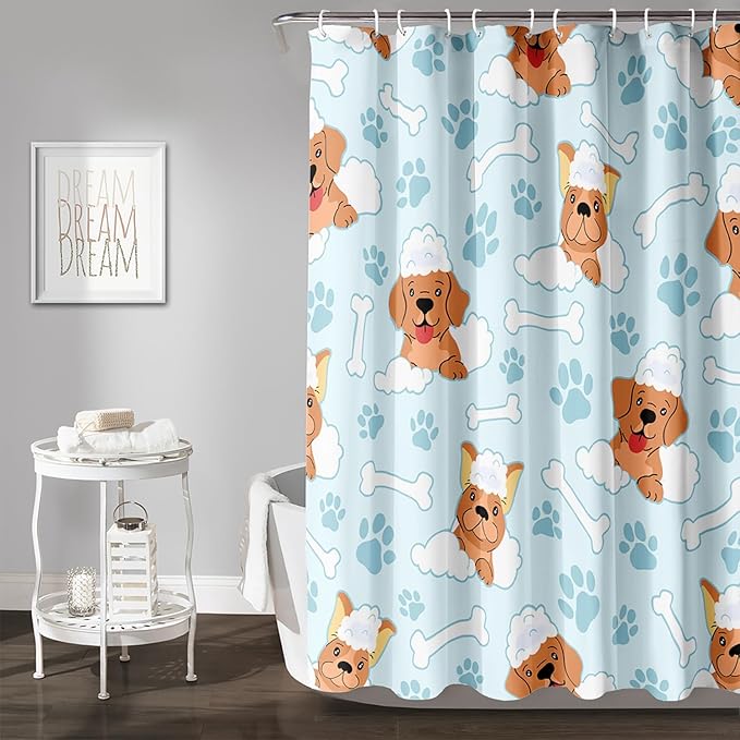 AILONEN Cute Dog Shower Curtain,Cute Bulldog Labrador Dog Print Shower Curtain, 72" W*96" H Waterproof Happy Shower Puppy Dog Lover Curtain with Grommets and 12 Hooks