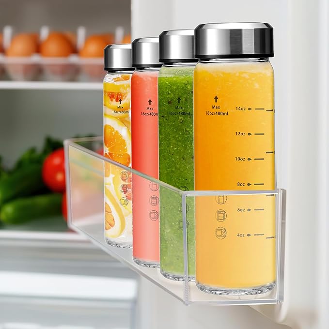 20oz Juice Bottles - 4 Pack Wide Mouth Glass Bottles with Lids- BPA Free, Stainless Steel Lids for Juicing, Smoothies, Infused Water, Beverage Storage - Leakproof, Borosilicate, Clear