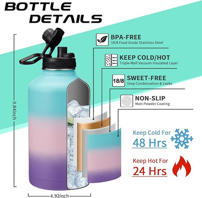 64OZ Insulated Water-Bottle with Paracord-Handle - Half Gallon Water Bottle Jug with Straw & Spout Lids, Bottle Sleeve & Boot, Keep Cold-48h Hot-24h for Fitness Outdoor Camping Hunting, Hiking