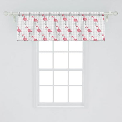 Ambesonne Pink Flamingo Window Valance, Cartoon Birds on Pastel Colored Checkered Background Wild Nature, Curtain Valance for Kitchen Bedroom Decor with Rod Pocket, 42" x 18", Pale Grey Coral Black