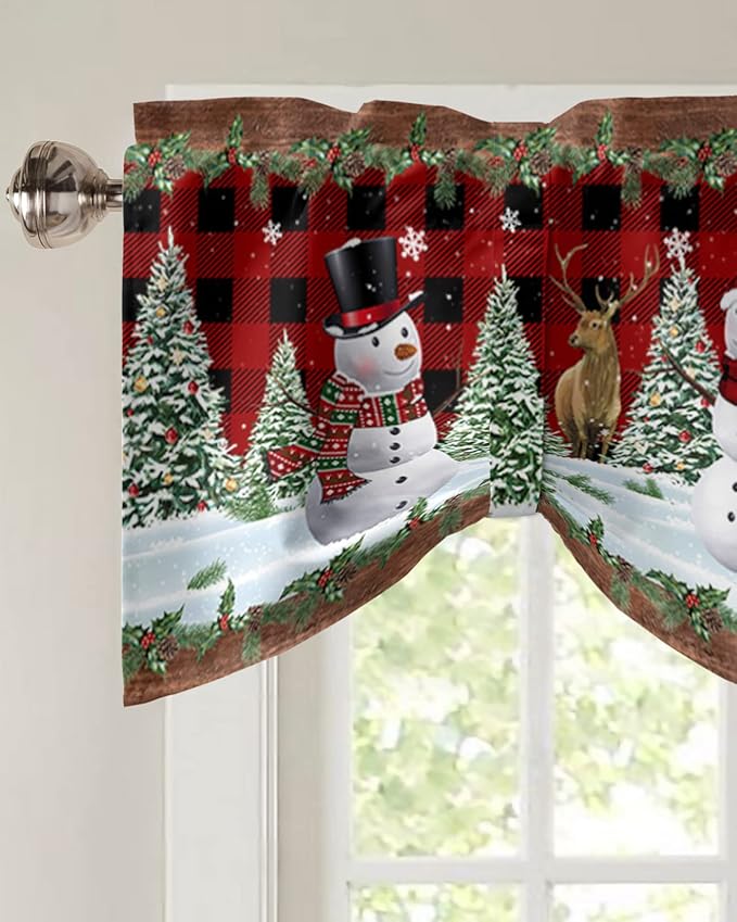 Christmas Snowman Blackout Tie Up Valance Curtains for Kitchen Windows Christmas Tree Window Toppers Balloon Shades for Living Room/Bathroom/Bedroom,1 Panel,60" X 18" Red Xmas Snowy Winter
