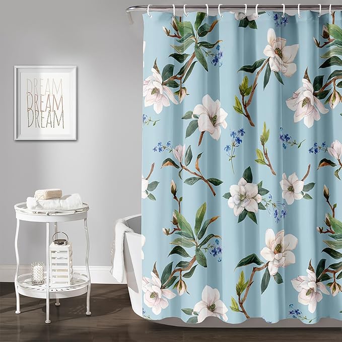 AILONEN Flower Shower Curtain, White Gardenia on Blue Background Fabric Shower Curtains for Bathroom,Elegant Floral Pattern Shower Curtain Set for Girls Women Couple,36" W*72" H